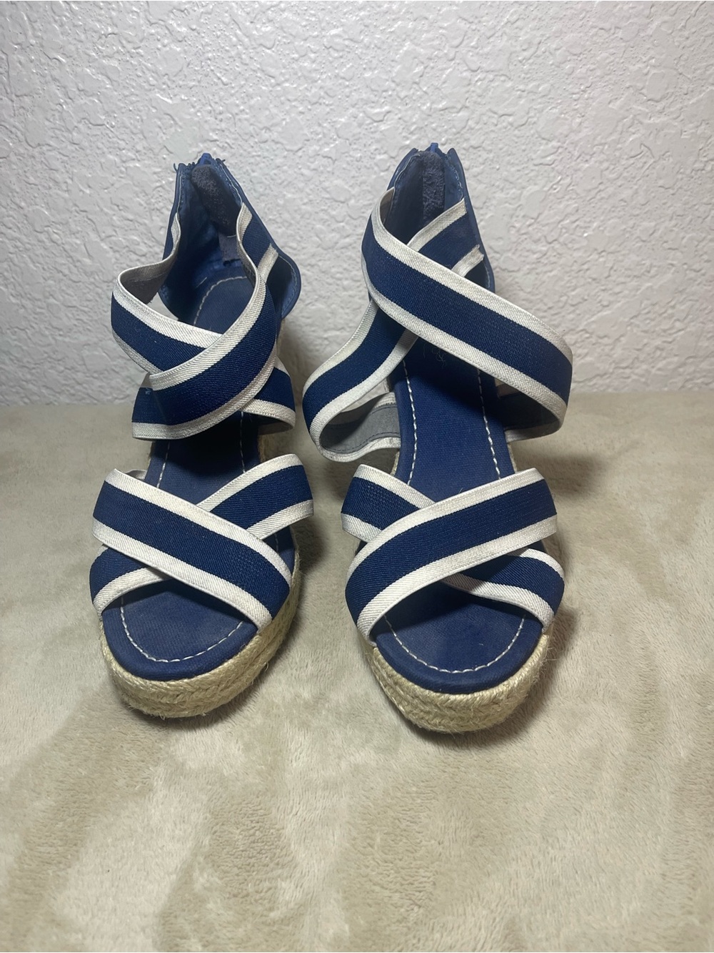 Navy and White Crisscross Espadrille Wedge Sandals